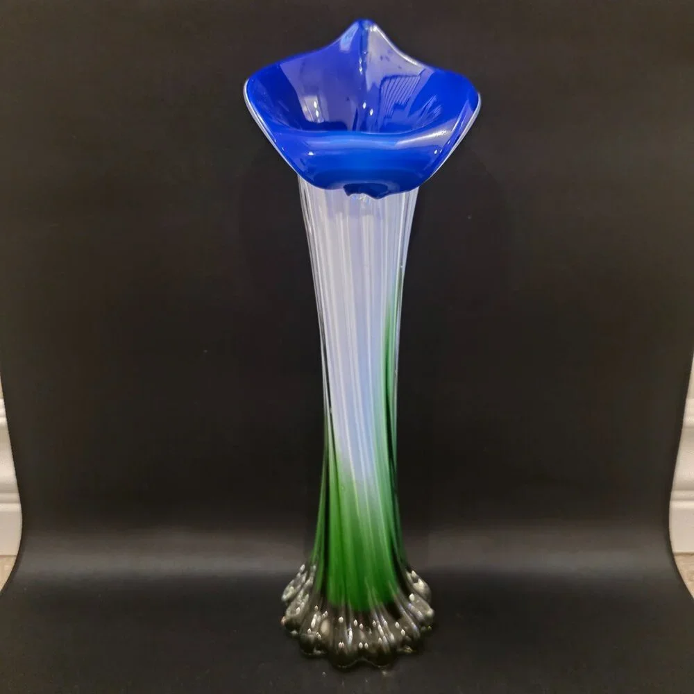 Blue White Green Murano Style Calla Lily Jack Pulpit Vase Art Hand Blown Glass